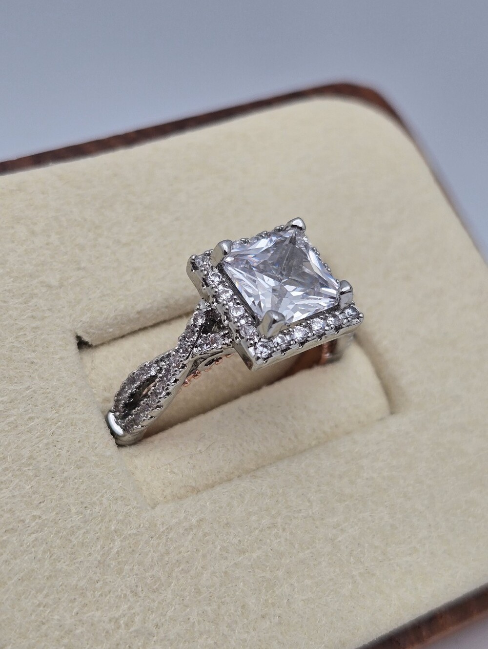Princess Cut Halo Engagement Ring Twisted Infinity Band Silver Gold Tone Sz 6